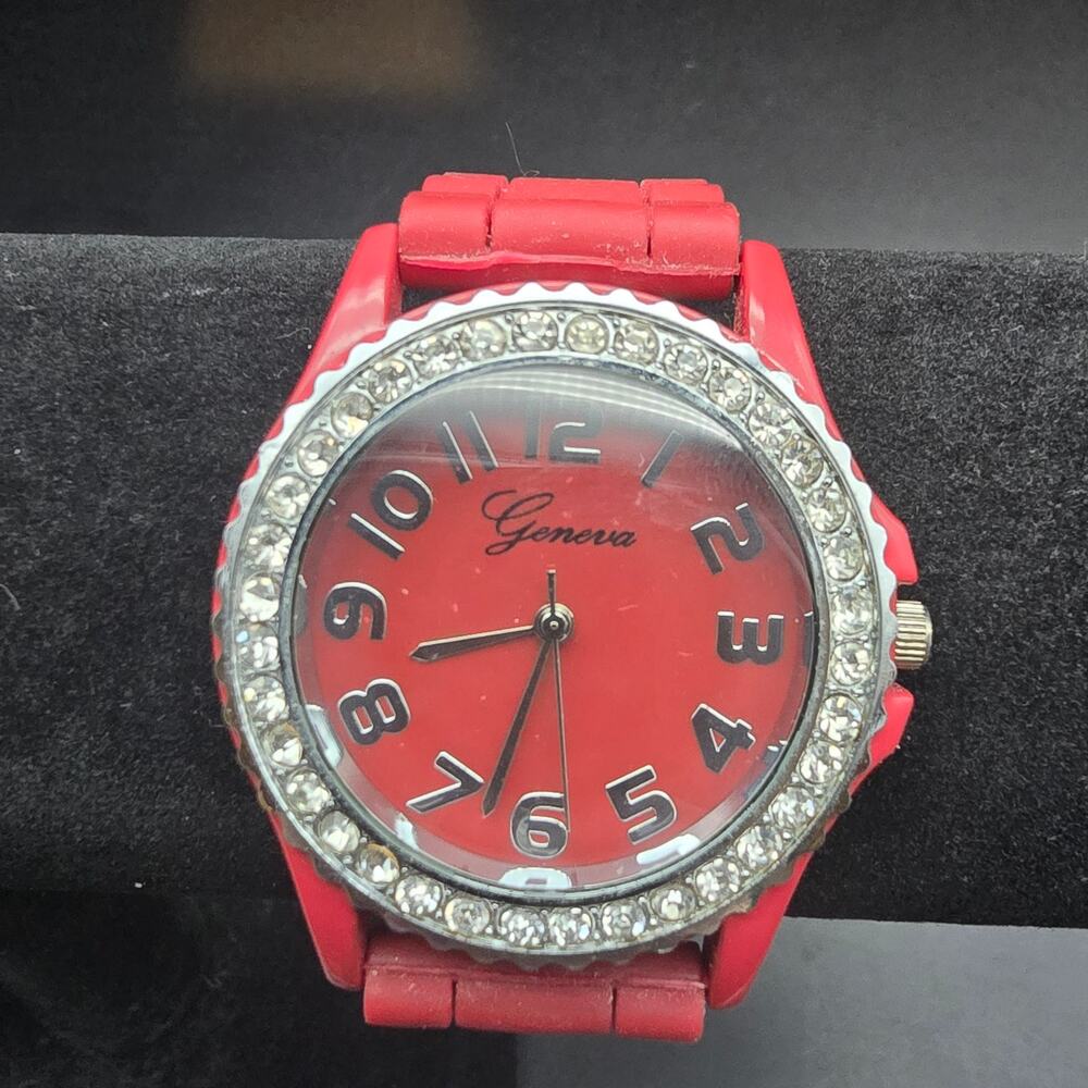 Geneva Burgundy Brick Red Watch Silicon Band Rhinestone Quartz WORKS Working